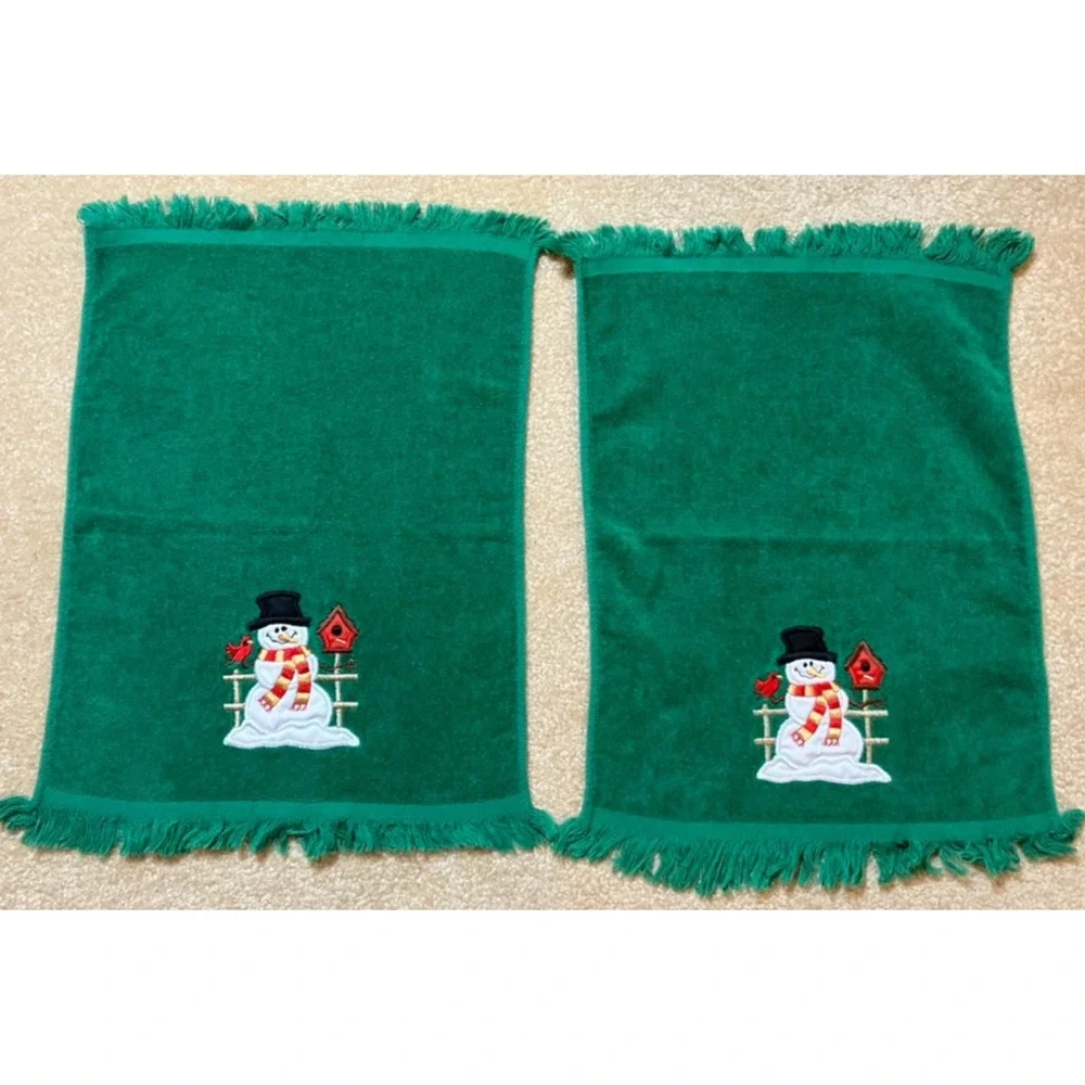 Vintage Cecil Saydah Bath and Hand Towel Set of 3 Green Christmas Snowman